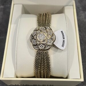 Antique Gold Floral Swarovski Crystal Mesh Bracelet Dress Watch Anne Klein NEW
